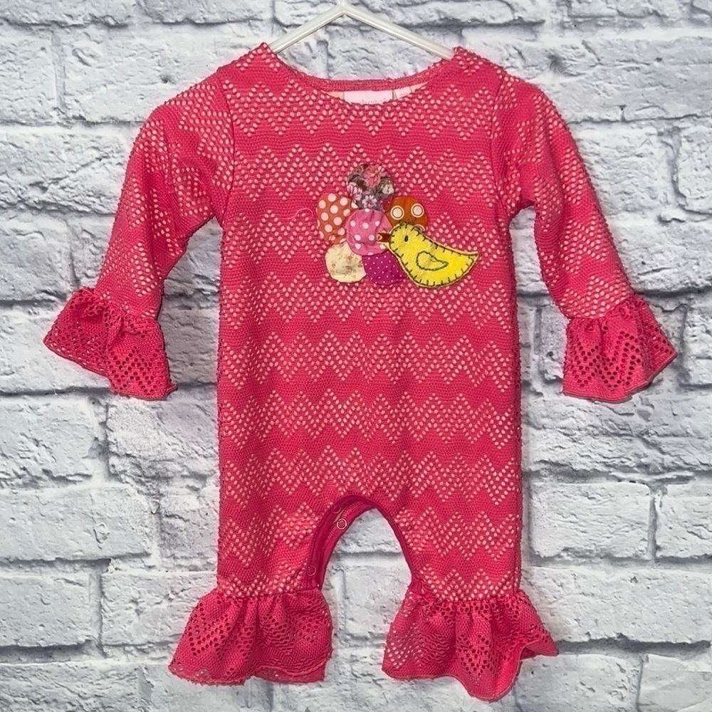 cachcach 3M pink lace overlay ruffle snap legs. bird & flowers appliqué romper - Picture 1 of 9